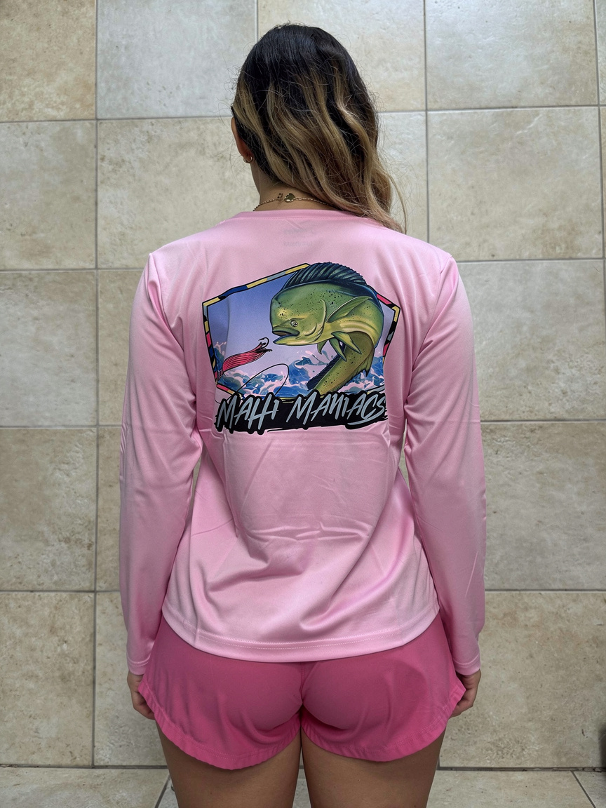 Mahi Maniacs - Women Performance Long Sleeve UPF Fishing Shirt - Pink V-Neck