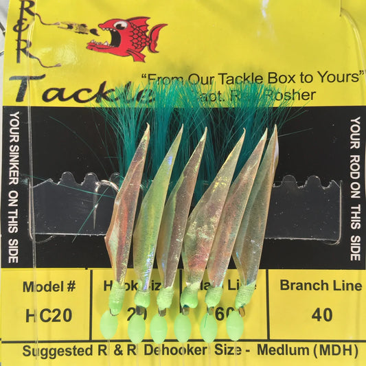 R&R Tackle - HC20 BAIT RIG- 6 (SIZE 20) HOOKS WITH GREEN NYLON & FISH SKIN