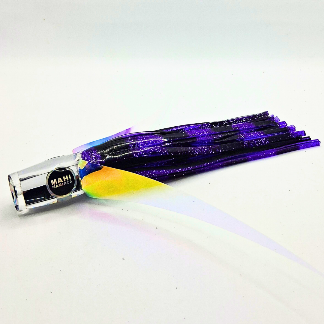 Colorful offshore fishing lure with purple and yellow details on a white background. flying fish lure