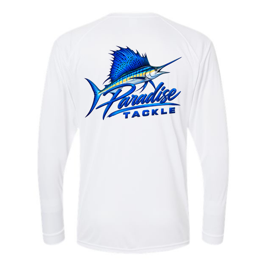 White long-sleeve performance shirt showing the back, which features a large graphic of a sailfish and the text 'Paradise Tackle' in blue.