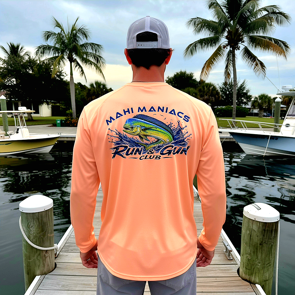 Mahi Maniacs - Run & Gun Mens Performance Long Sleeve UPF50 Fishing Shirt (Coral)