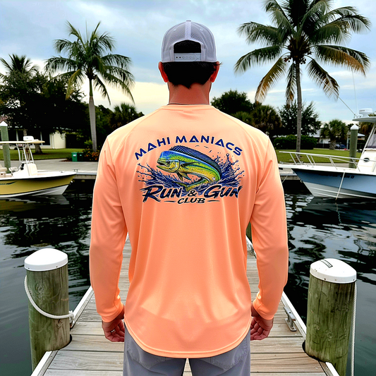 Mahi Maniacs - Run & Gun Mens Performance Long Sleeve UPF50 Fishing Shirt (Coral)