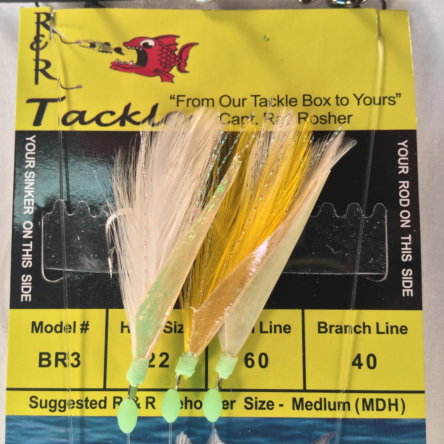 R&R Tackle - BR3 BAIT RIG - 3(SIZE 22) HOOKS WITH WHITE/YELLOW FEATHER & FISH SKIN