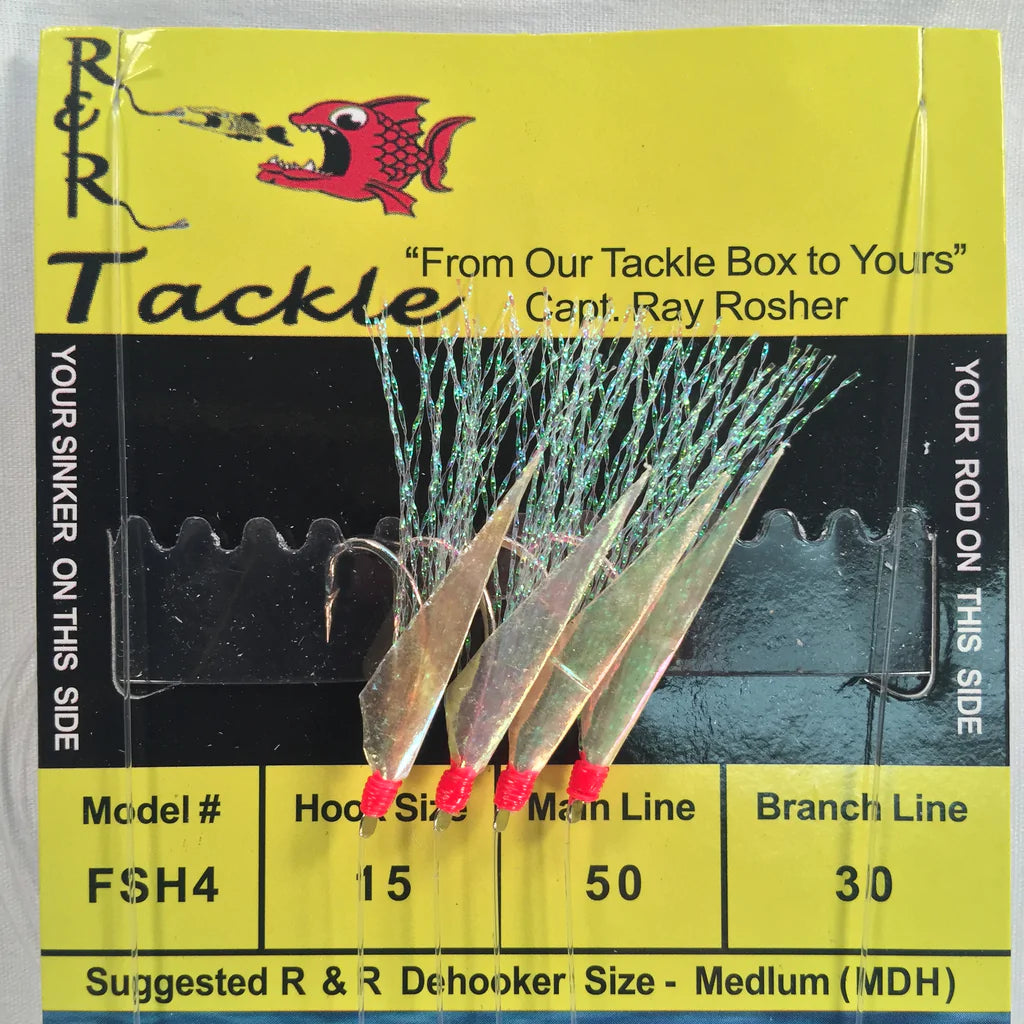 R&R Tackle - FSH4 BAIT RIG- 4 (SIZE 15) HOOKS WITH FLASH & FISH SKIN
