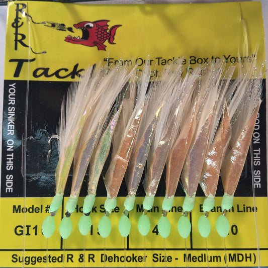 R&R Tackle - GI10 BAIT RIG - 10 (SIZE 15) HOOKS WITH WHITE FEATHER & FISH SKIN