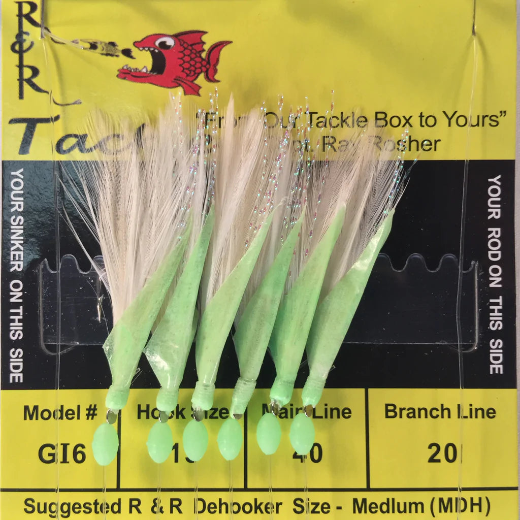 R&R Tackle - GI6 BAIT RIG - 6 (SIZE 15) HOOKS WITH WHITE FEATHER & GLOW FISH SKIN