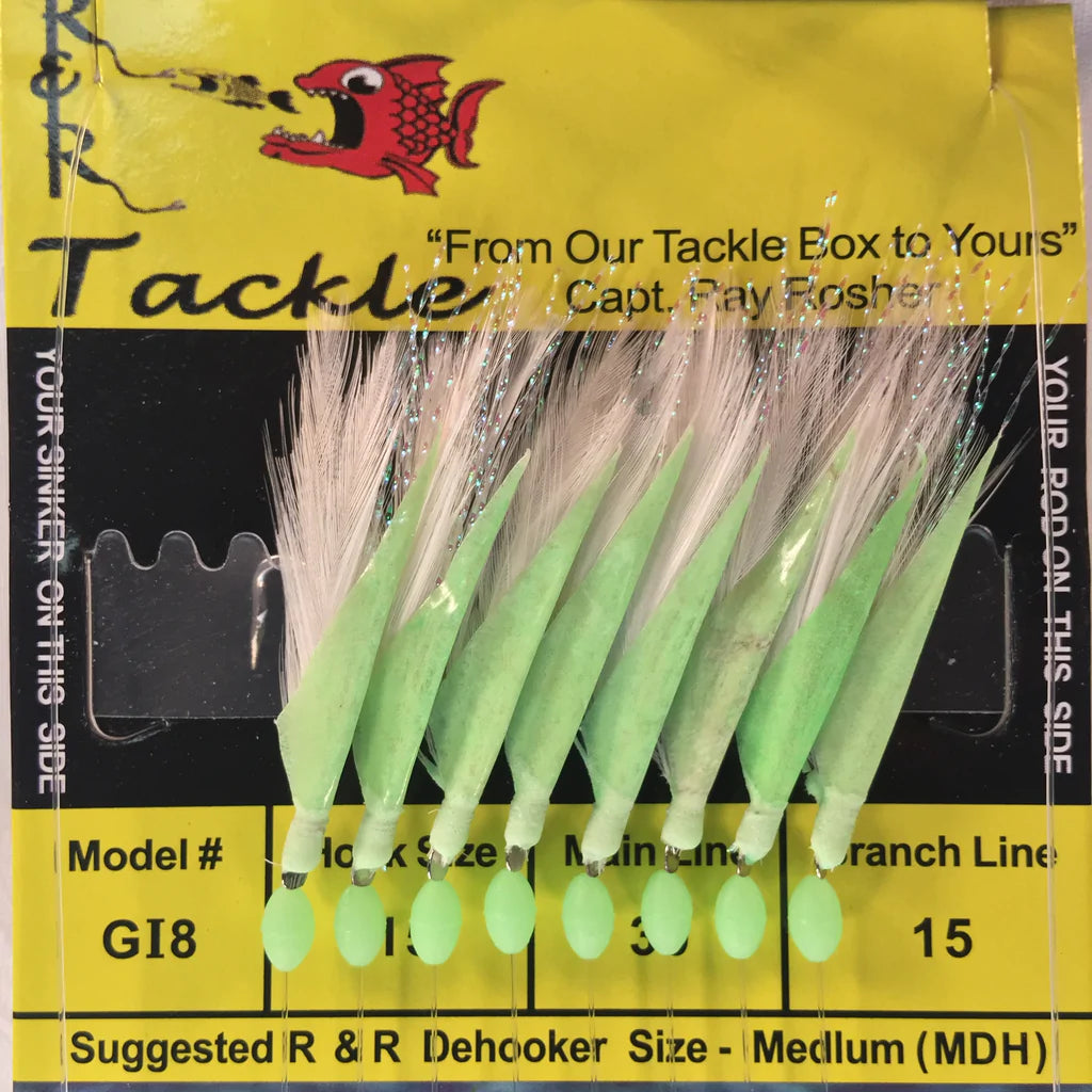 R&R Tackle - GI8 BAIT RIG- 8 (SIZE 15) HOOKS WITH WHITE FEATHER & GLOW FISH SKIN