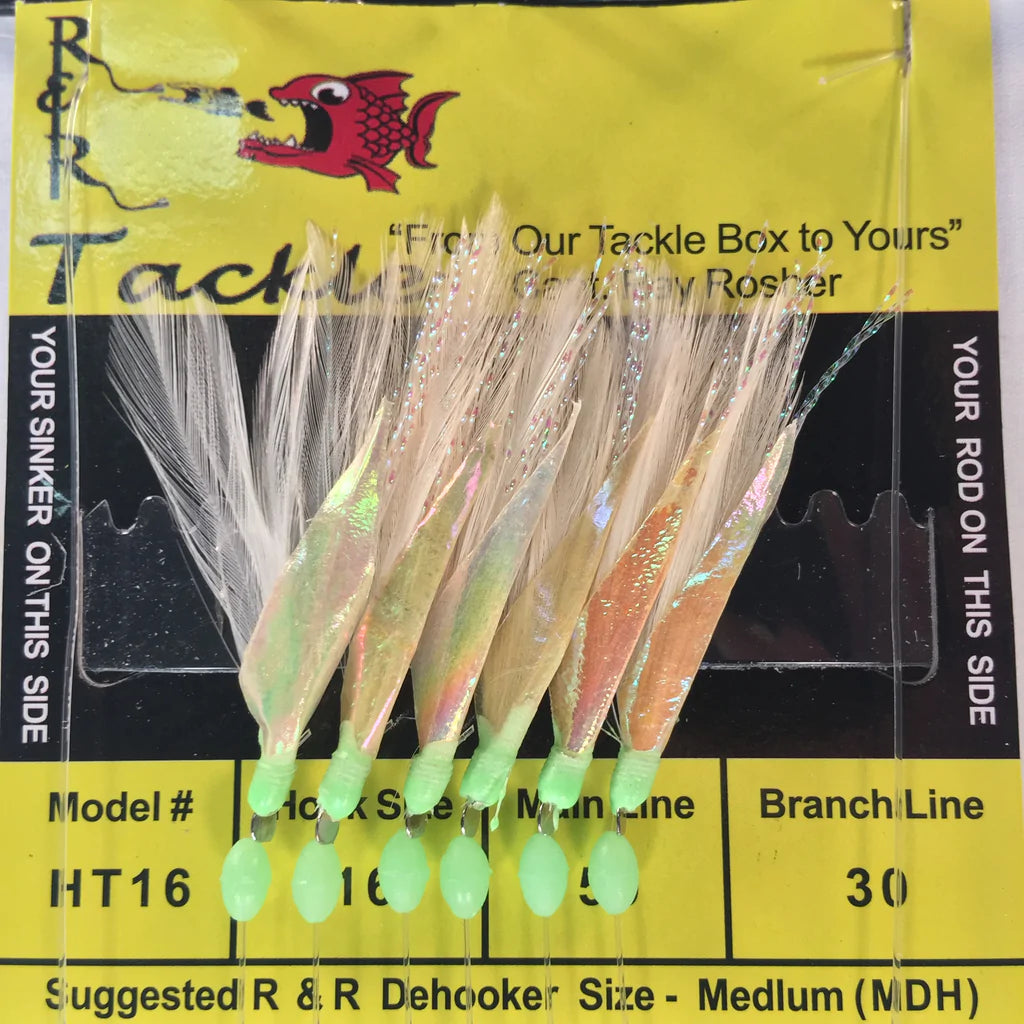 R&R Tackle - HT16 BAIT RIG - 6 (SIZE 16) HOOKS WITH WHITE FEATHER & FISH SKIN