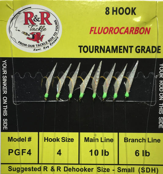 R&R Tackle - PGF4 FLUOROCARBON BAIT RIGS- 8 (SIZE 4) GOLD HOOKS WITH FISH SKIN & GREEN HEADS