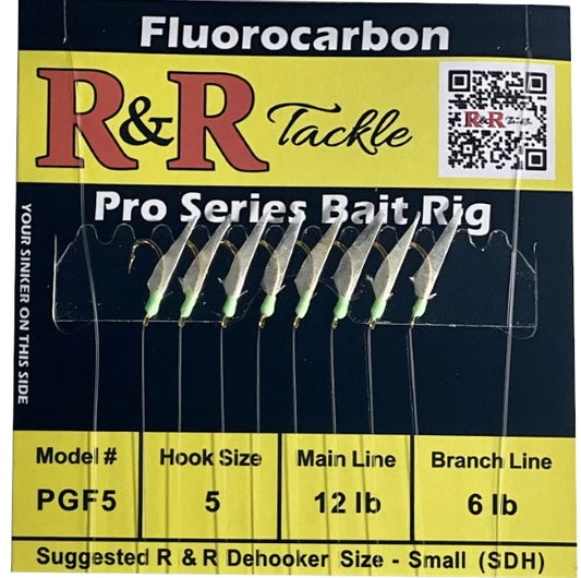 R&R Tackle - PGF5 FLUOROCARBON BAIT RIGS- 8 (SIZE 5) GOLD HOOKS WITH FISH SKIN & GREEN HEADS