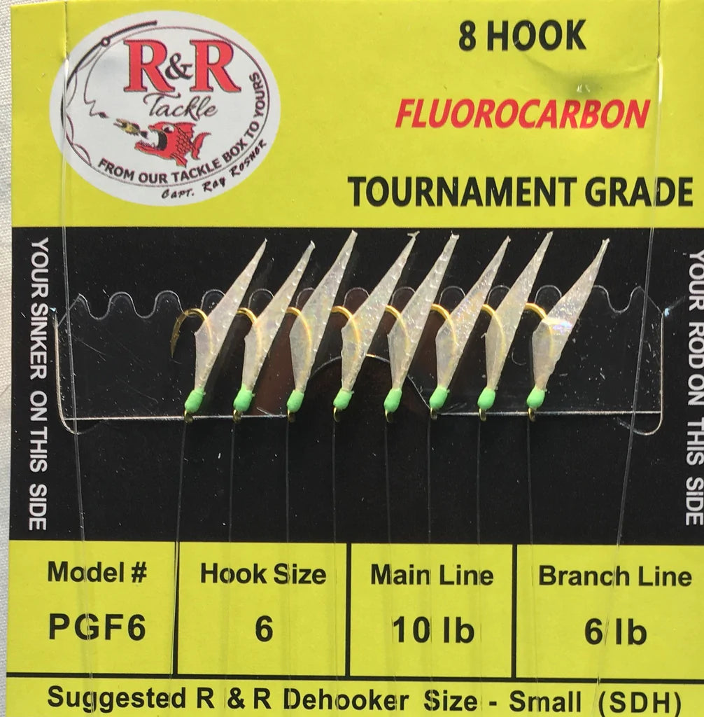 R&R Tackle - PGF6 FLUOROCARBON BAIT RIGS- 8 (SIZE 6) GOLD HOOKS WITH FISH SKIN & GREEN HEADS