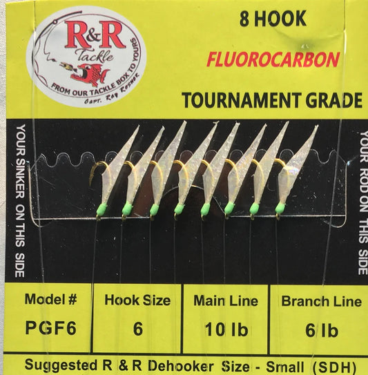 R&R Tackle - PGF6 FLUOROCARBON BAIT RIGS- 8 (SIZE 6) GOLD HOOKS WITH FISH SKIN & GREEN HEADS