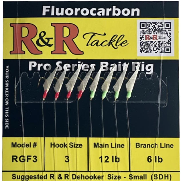 R&R Tackle - RGF3 FLUOROCARBON BAIT RIG - 8 (SIZE 3) HOOKS WITH 4 RED 4 GREEN GLOW HEADS WITH FISH SKIN