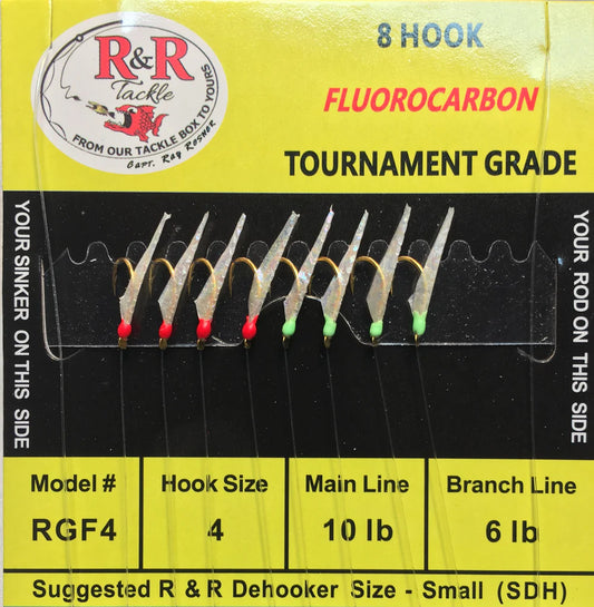R&R Tackle - RGF4 FLUOROCARBON BAIT RIG - 8 (SIZE 4) HOOKS WITH 4 RED 4 GREEN GLOW HEADS WITH FISH SKIN