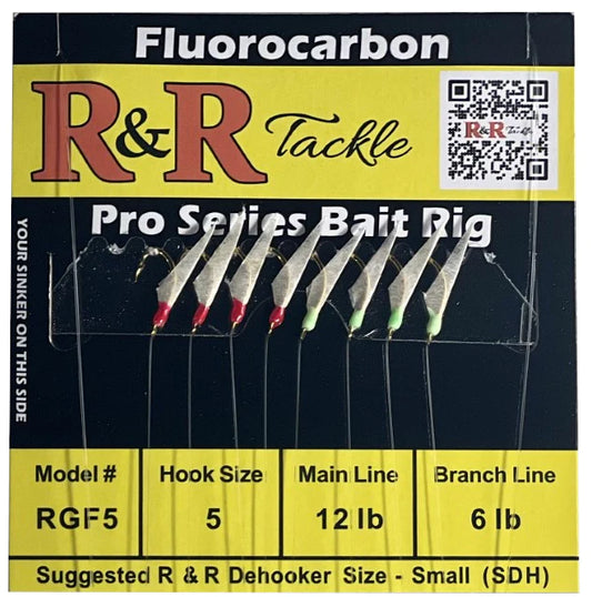 R&R Tackle - RGF5 FLUOROCARBON BAIT RIG - 8 (SIZE 5) HOOKS WITH 4 RED 4 GREEN GLOW HEADS WITH FISH SKIN