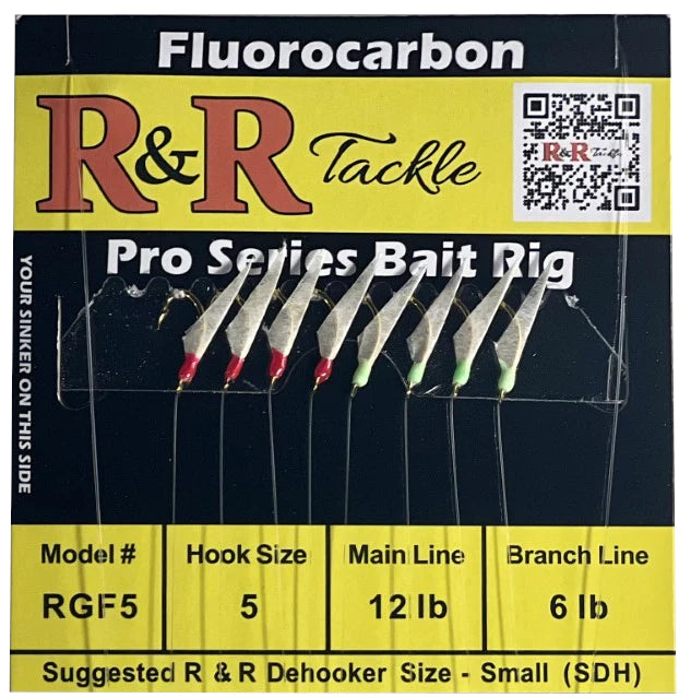 R&R Tackle - RGF5 FLUOROCARBON BAIT RIG - 8 (SIZE 5) HOOKS WITH 4 RED 4 GREEN GLOW HEADS WITH FISH SKIN