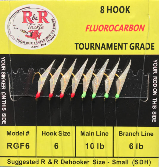 R&R Tackle - RGF6 FLUOROCARBON BAIT RIG - 8 (SIZE 6) HOOKS WITH 4 RED 4 GREEN GLOW HEADS WITH FISH SKIN