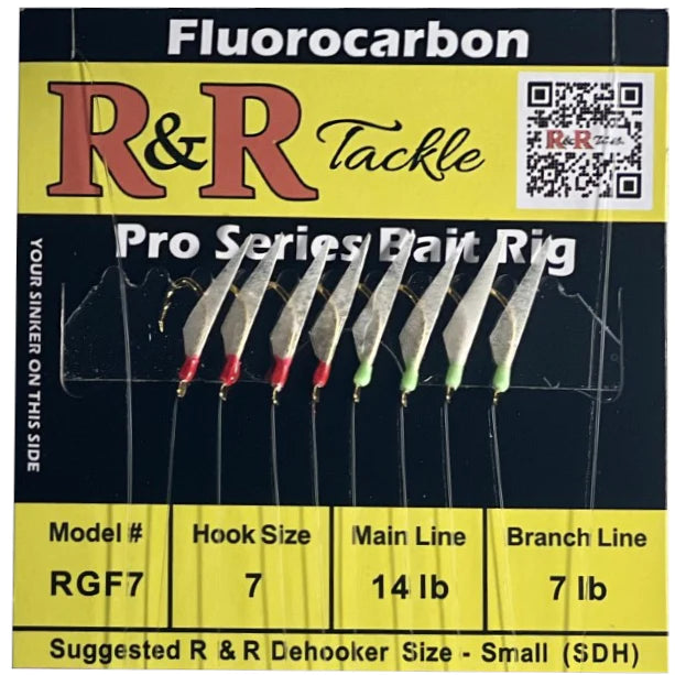 R&R Tackle - RGF7 FLUOROCARBON BAIT RIG - 8 (SIZE 7) HOOKS WITH 4 RED 4 GREEN GLOW HEADS WITH FISH SKIN