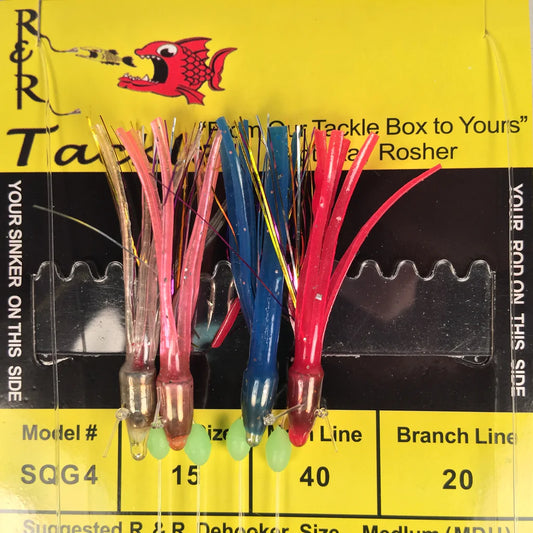 R&R Tackle - SQG4 BAIT RIG - 4 (SIZE 15) HOOKS WITH WEIGHTED MULTI-COLOR SQUIDS
