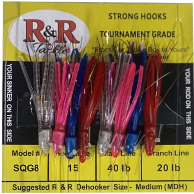 R&R Tackle - SQG8 BAIT RIG - 8 (SIZE 15) HOOKS WITH WEIGHTED MULTI-COLOR SQUIDS